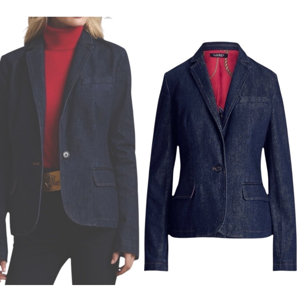 Lauren Ralph Lauren Denim Blazer  Jacket‎ Womens Size 2 Petite Blue Black Label
